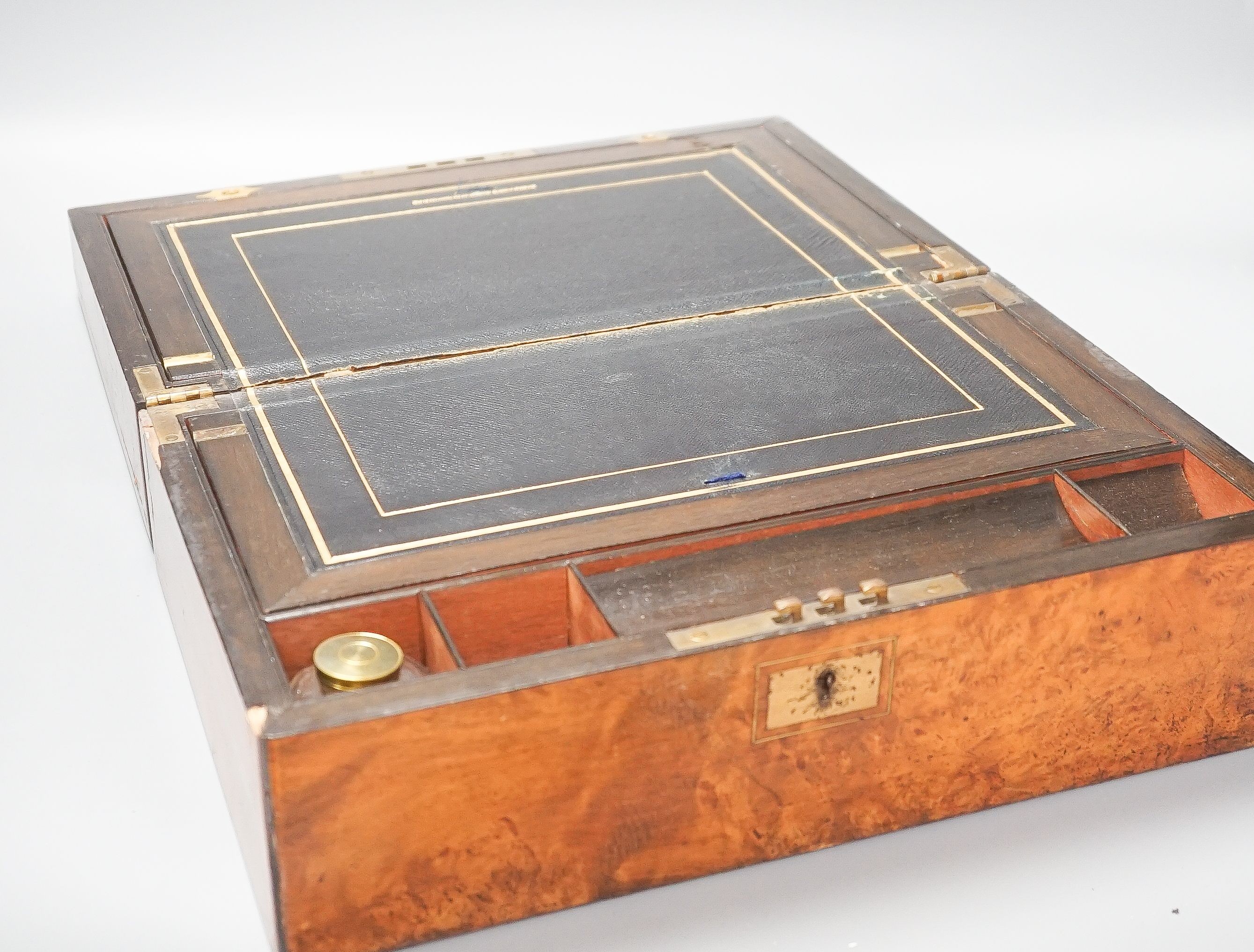 A Victorian burr walnut and leather writing slope, inlaid plaque for ‘C.Roberts’, 36 cm